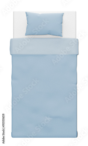 Top View of Cozy Single Bed with Pillow and Blanket in Blue tone