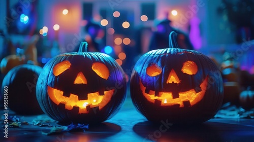 Pumpkin decorating contest with participants in costumes, set in a dark room, festive style, wide shot, soft lighting, vibrant colors