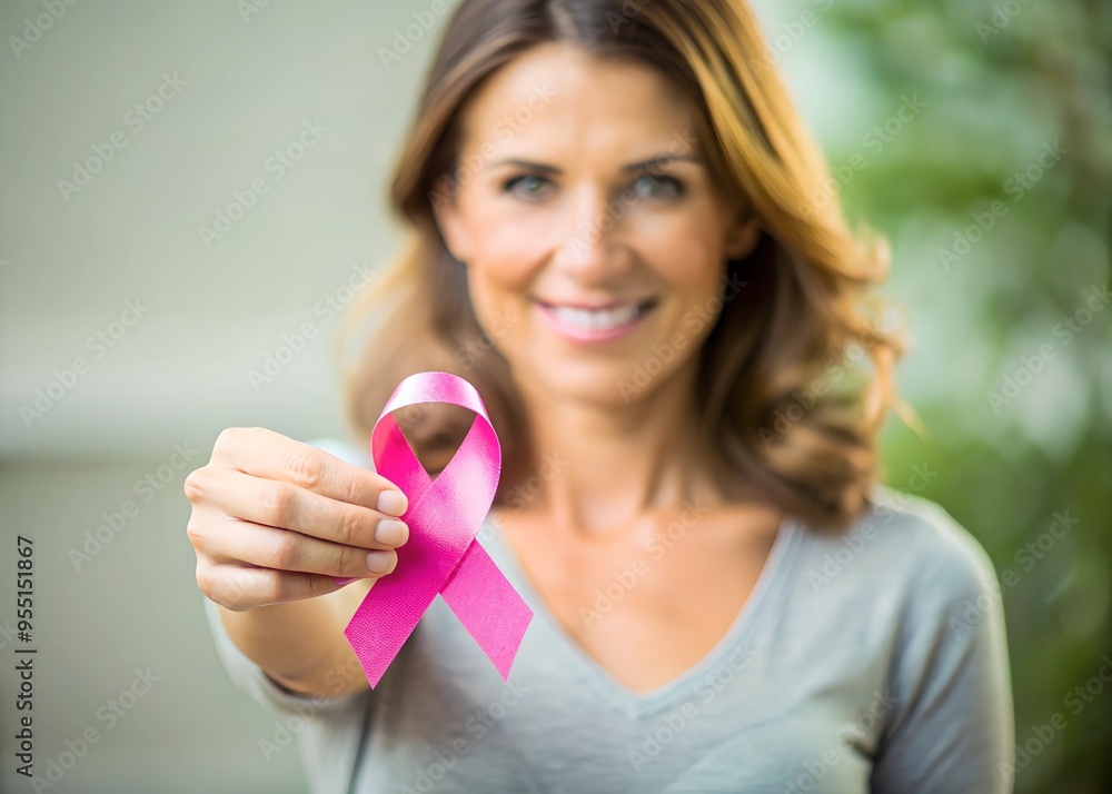 Breast Cancer awareness concept. Smiling Woman in pink sweater with pink ribbon in her hand. Breast cancer awareness concept Breast Cancer awareness concept. Smiling Woman in pink sweater with pink ribbon in her hand. Breast cancer awareness concept