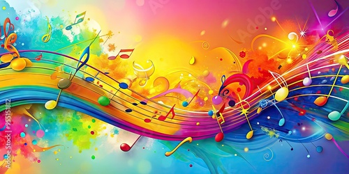 Vibrant, swirling notes dance across a bright, gradient background, surrounded by artistic splashes of color, evoking the joy and energy of music in motion. photo