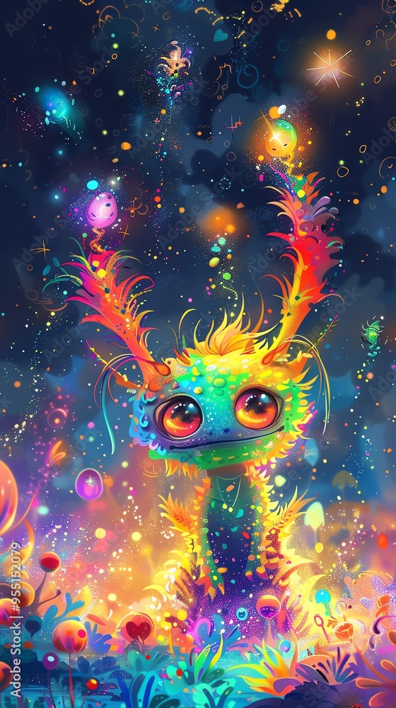 A colorful and whimsical creature surrounded by a magical, glowing landscape filled with vibrant lights and enchanting flora. A colorful and whimsical creature surrounded by a magical, glowing landscape filled with vibrant lights and enchanting flora.