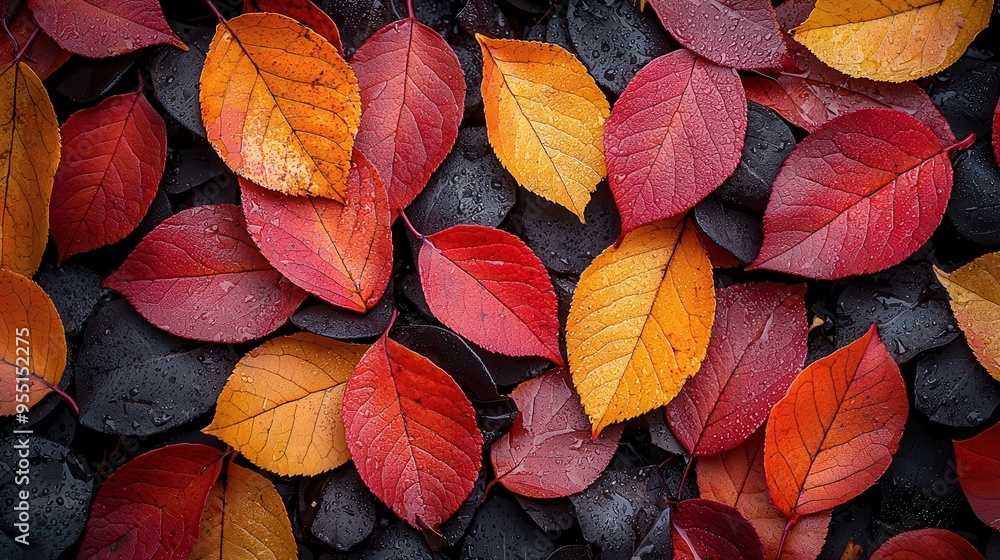 Autumn's Palette: Close-Up of Vibrant Red, Orange, and Yellow Leaves on the Ground Autumn's Palette: Close-Up of Vibrant Red, Orange, and Yellow Leaves on the Ground