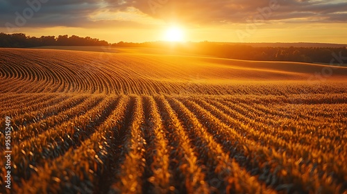 A close-up of a golden cornfield at sunset, with the sun casting long, soft shadows across the rows of corn. The warm light enhances the rich colors and textures of the field,