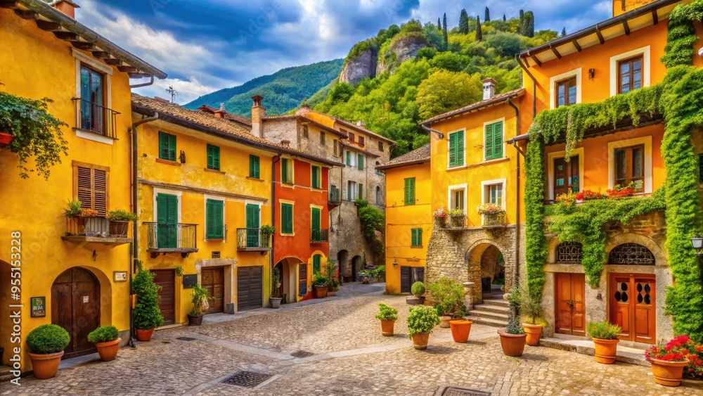 Fototapeta premium Vibrant yellow and orange buildings line the charming cobblestone streets of a picturesque Italian village, with ancient architecture and lush greenery surrounding a tranquil town square.