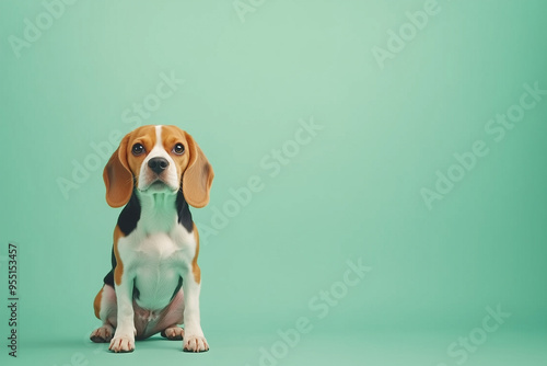 The photo of Dog French bulldog, Labrador retriever ,Golden retriever, German shepherd ,Poodle, Beagle with a cheerful expression is sitting upright and alert on the left side of a solid background