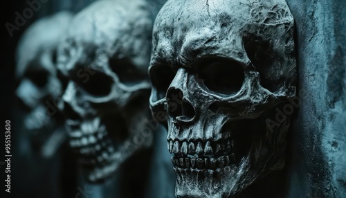 Skeleton masks with realistic bone details, displayed on a dark wall, creepy style, close-up, soft lighting, high detail, dark tones