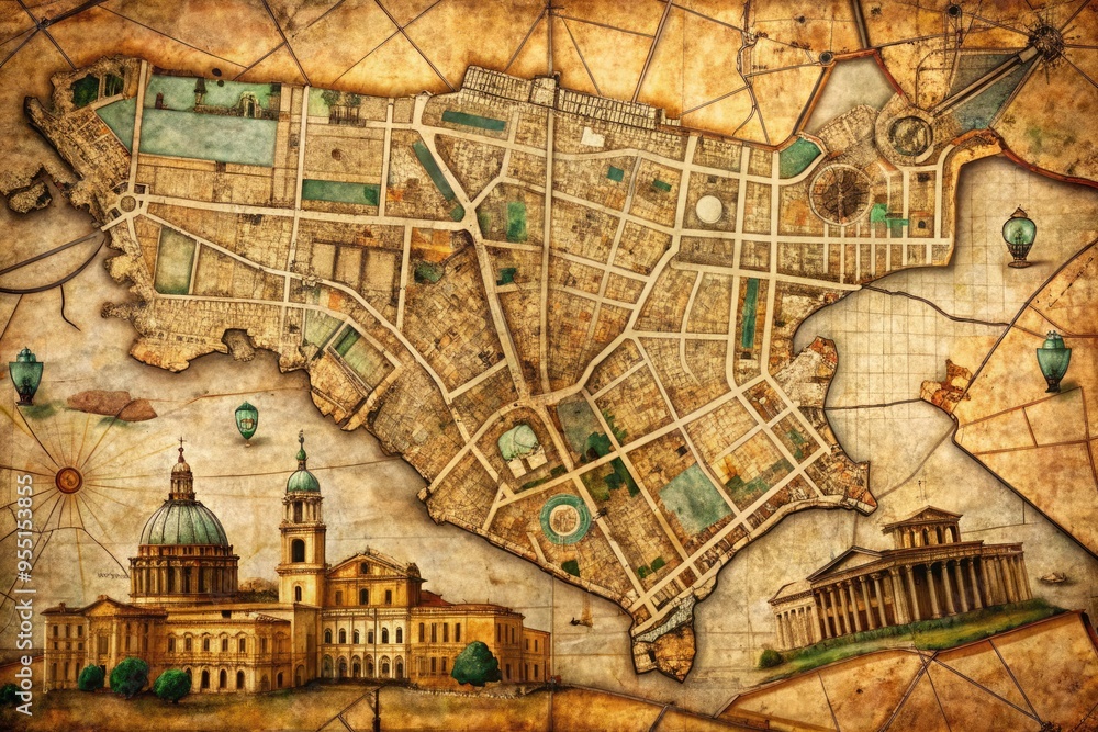 Vintage distressed map of Rome, Italy, with worn edges and faded colors ...