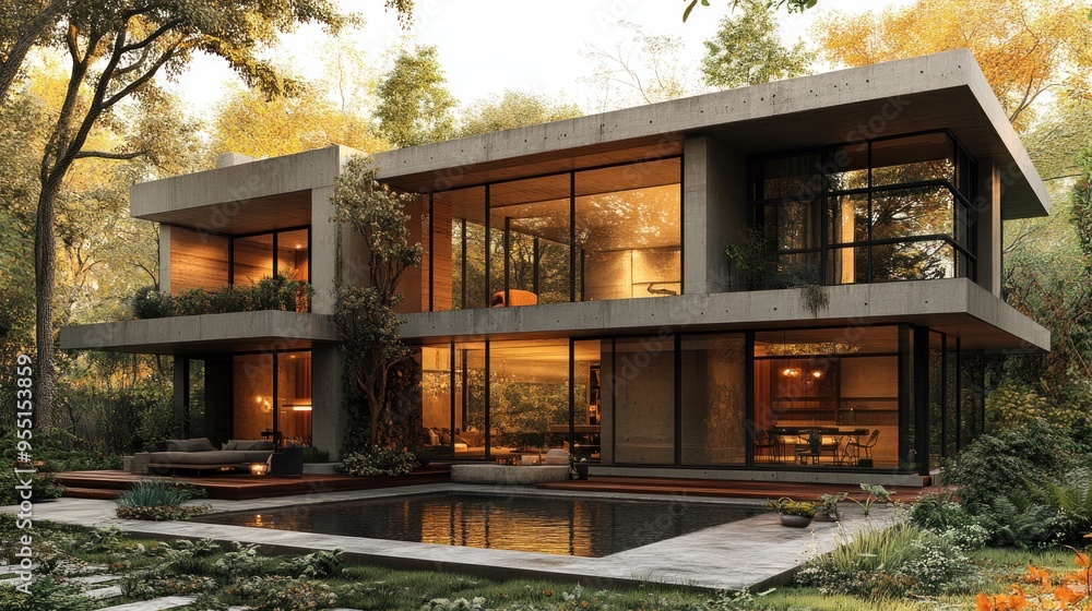 Modern house surrounded by nature with large glass windows. Modern house surrounded by nature with large glass windows.