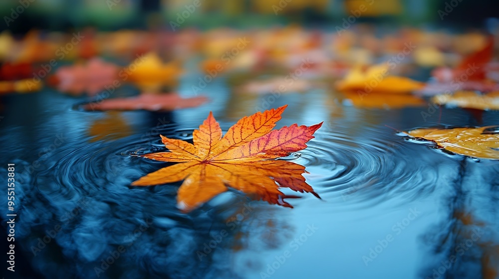 A close-up of autumn leaves floating on a calm pond, with the reflection of the colorful foliage creating a serene and peaceful scene. The vibrant leaves contrast beautifully with the deep blue water, A close-up of autumn leaves floating on a calm pond, with the reflection of the colorful foliage creating a serene and peaceful scene. The vibrant leaves contrast beautifully with the deep blue water,