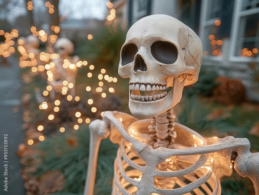 Skeleton yard decor with realistic bones, arranged in a front yard, spooky style, wide shot, soft lighting, high detail Skeleton yard decor with realistic bones, arranged in a front yard, spooky style, wide shot, soft lighting, high detail