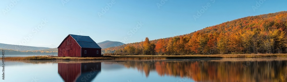 Obraz premium Peaceful autumn landscape with a red barn by a reflective lake and colorful foliage on a clear day Serene nature scene