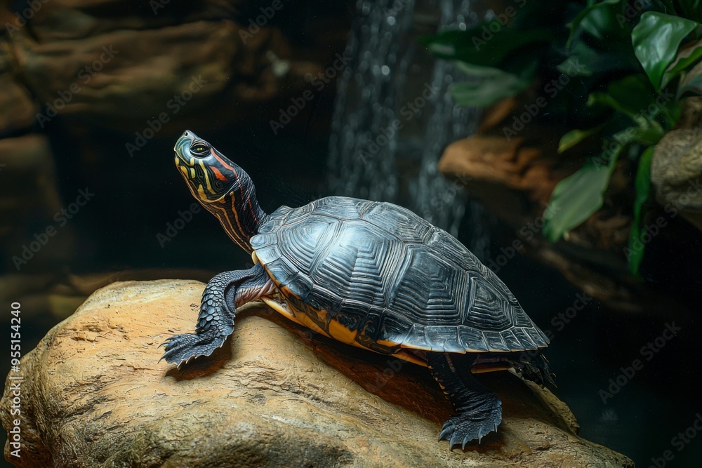 A Red-eared Slider Turtle Perched on a Rock A Red-eared Slider Turtle Perched on a Rock