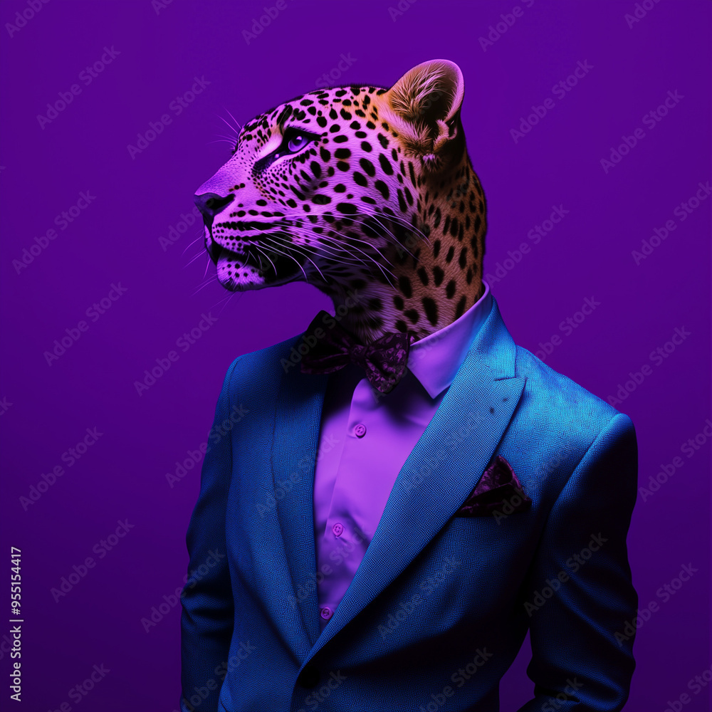 Portrait of leopard wearing suit under vibrant neon lights Portrait of leopard wearing suit under vibrant neon lights