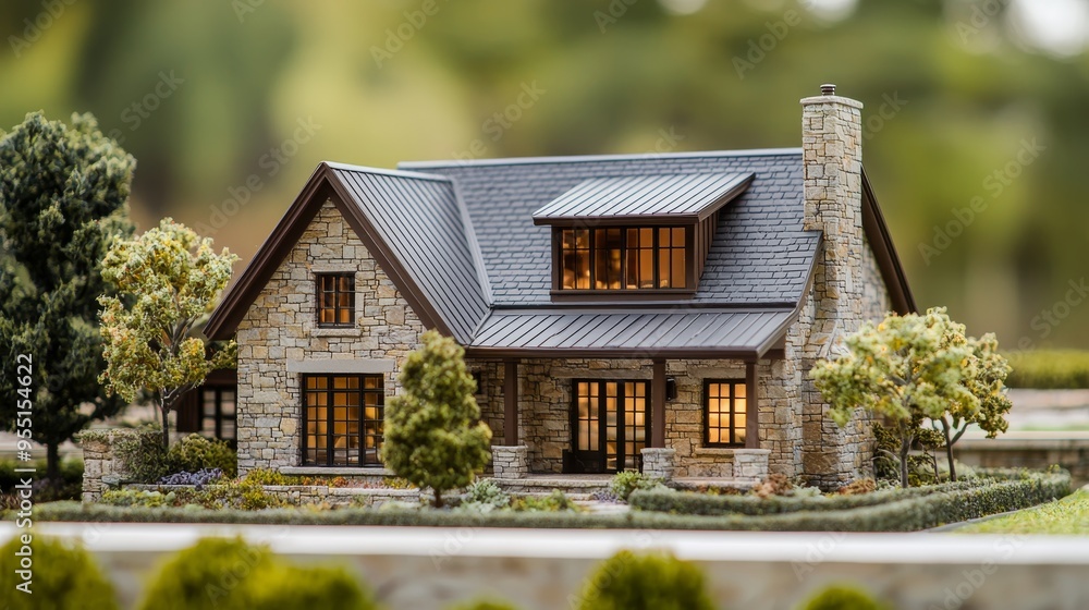A scale model home with a traditional roof and a stone wall A scale model home with a traditional roof and a stone wall