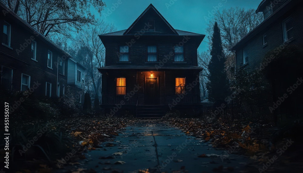 Spooky house lights casting eerie shadows, set in a dark yard, creepy style, wide shot, soft lighting, high contrast Spooky house lights casting eerie shadows, set in a dark yard, creepy style, wide shot, soft lighting, high contrast