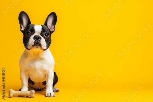 The photo of Dog French bulldog, Labrador retriever ,Golden retriever, German shepherd ,Poodle, Beagle with a cheerful expression is sitting upright and alert on the left side of a solid background