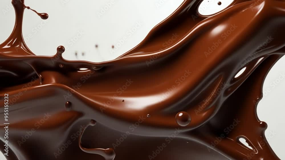 Melted Chocolate Splashing in Waves shapes. Isolated on White Background. 4k video Brown milk chocolate splash