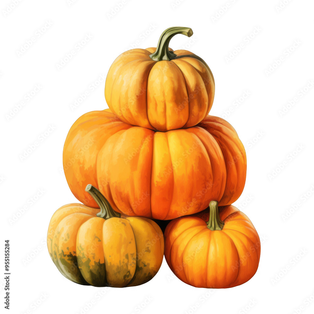 A stack of four pumpkins, varying in size, with green stems A stack of four pumpkins, varying in size, with green stems