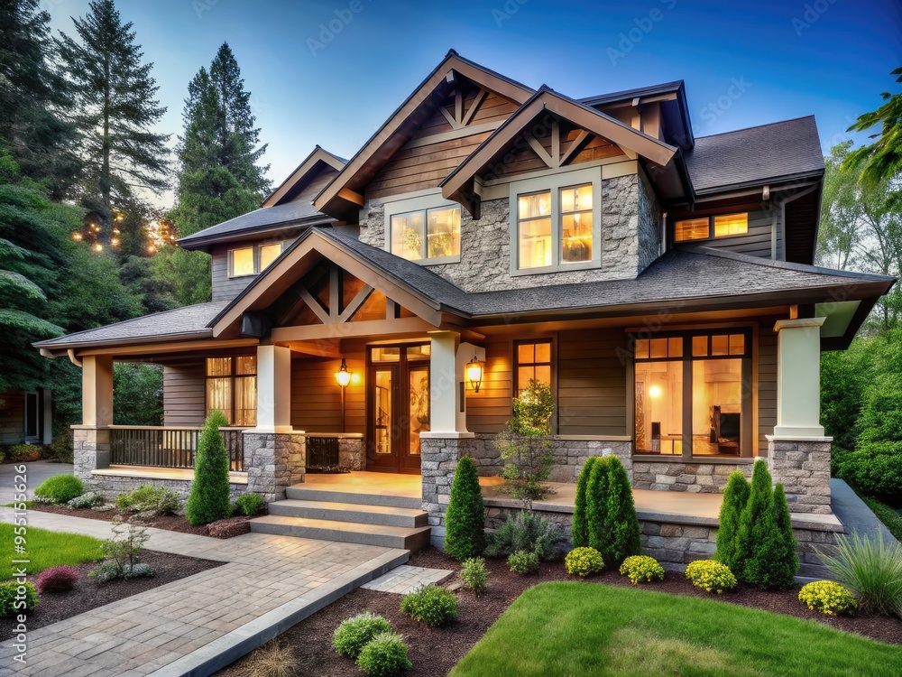 Weathered wood accents and clean lines define this modern craftsman-style house with a stone façade, metal roof, and lush greenery surrounding the inviting front porch. Weathered wood accents and clean lines define this modern craftsman-style house with a stone façade, metal roof, and lush greenery surrounding the inviting front porch.
