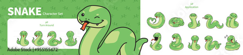 Set of cute snake character illustrations. Character turnaround and 10 moves.