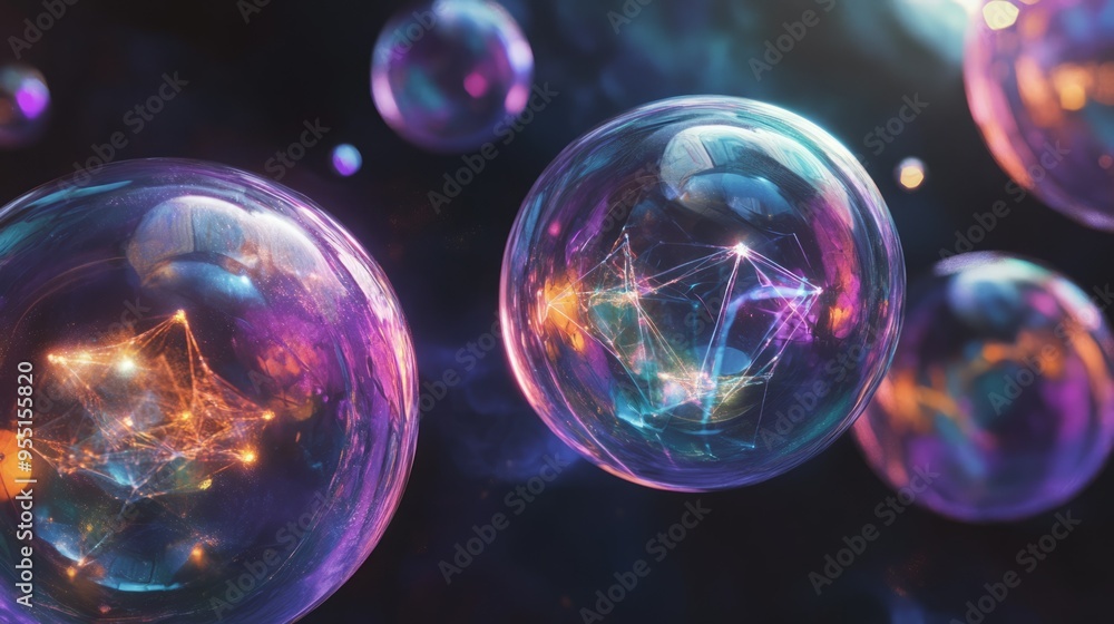 Close-up of colorful, glowing bubbles against a dark background. Close-up of colorful, glowing bubbles against a dark background.