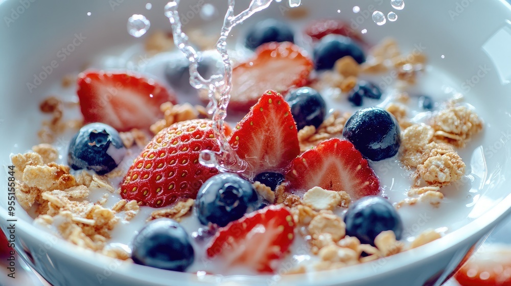 A bowl of crunchy cereal topped with fresh strawberries and blueberries, with a splash of milk. A bowl of crunchy cereal topped with fresh strawberries and blueberries, with a splash of milk.