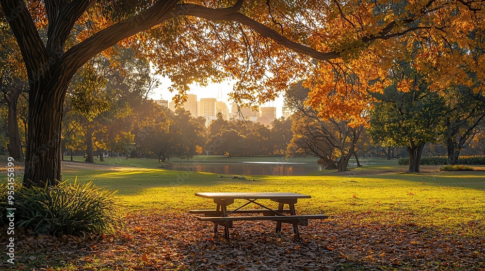Naklejka premium Serene Picnic under the Tree Canopy: Summer Green and Autumn Gold Blend