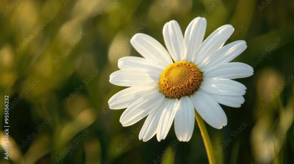 A bright white daisy with a sunny yellow center, captured in sharp focus against a blurred green field. A bright white daisy with a sunny yellow center, captured in sharp focus against a blurred green field.