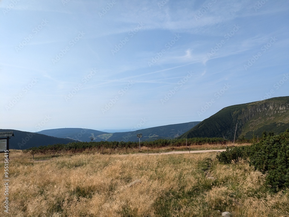 Beautiful mountain view with clear skies and a small field Beautiful mountain view with clear skies and a small field