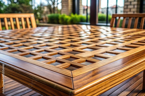 Wooden table with precise grid pattern carved into its surface, symmetrical lines intersecting to form squares, surrounded by blurred background with minimal distractions. photo