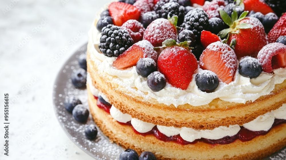 A classic sponge cake with layers of whipped cream and fresh fruit, topped with a light dusting of powdered sugar. A classic sponge cake with layers of whipped cream and fresh fruit, topped with a light dusting of powdered sugar.