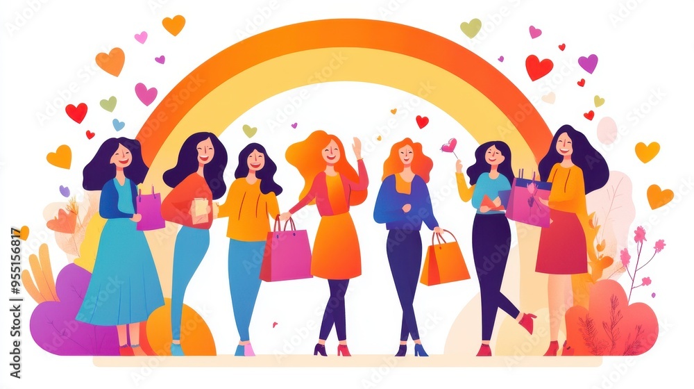 Women with shopping bags in front of rainbow, simple flat vector illustration Women with shopping bags in front of rainbow, simple flat vector illustration