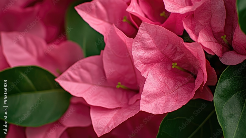 A close-up of a bright pink bougainvillea flower, with its papery petals vividly contrasting with lush green leaves. A close-up of a bright pink bougainvillea flower, with its papery petals vividly contrasting with lush green leaves.