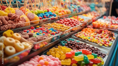 A close-up of a candy store counter filled with various sweets like gummy bears, lollipops, and chocolates.