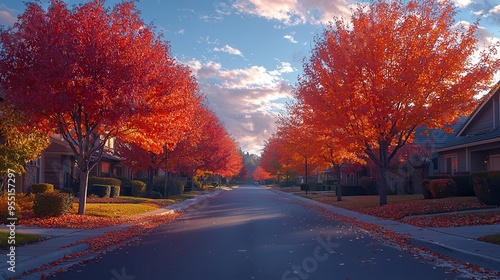Tranquil Autumn Morning on Tree-Lined Street with Colorful Leaves and Frosty Touch