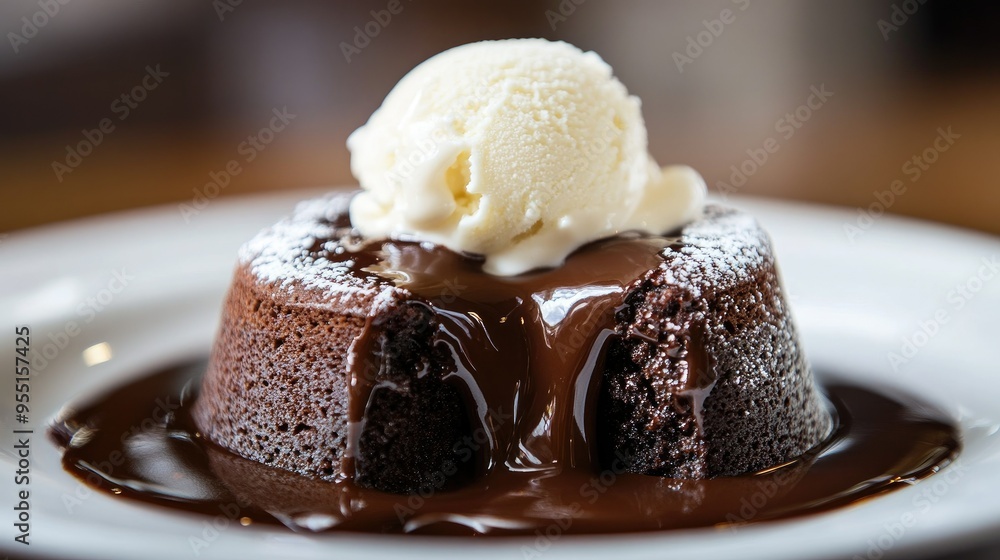 A close-up of a chocolate lava cake with molten chocolate flowing out, topped with a scoop of vanilla ice cream. A close-up of a chocolate lava cake with molten chocolate flowing out, topped with a scoop of vanilla ice cream.