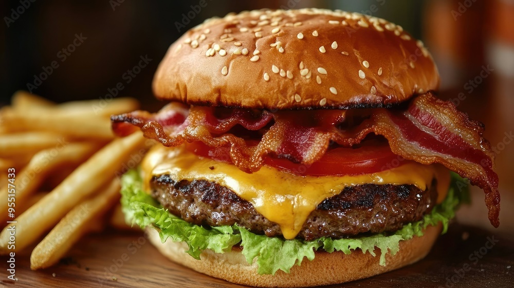 A close-up of a cheeseburger with melting cheese, crispy bacon, lettuce, and tomato on a sesame seed bun, with fries on the side. A close-up of a cheeseburger with melting cheese, crispy bacon, lettuce, and tomato on a sesame seed bun, with fries on the side.