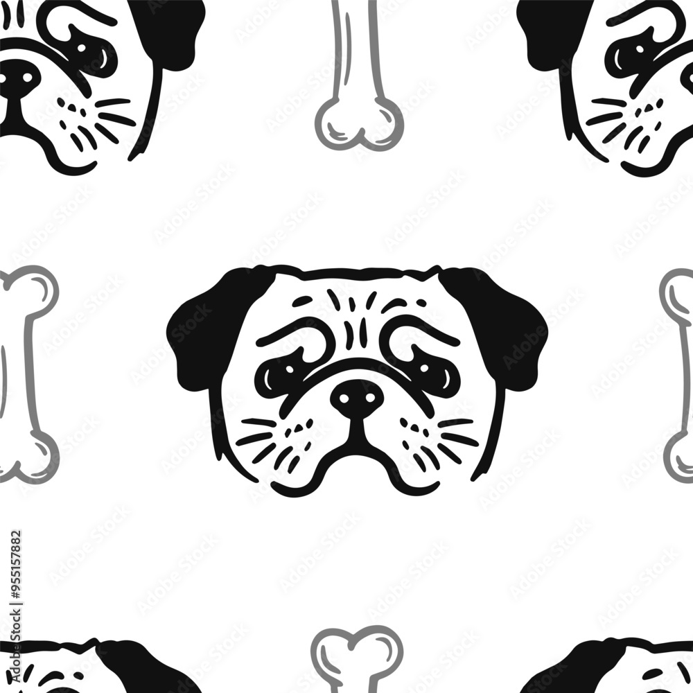 Seamless vector pattern with cute draw fluffy pug dogs and dog food., paws. Simple doodle style. Black and white Seamless vector pattern with cute draw fluffy pug dogs and dog food., paws. Simple doodle style. Black and white