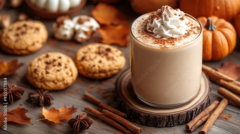 A flat lay of pumpkin spice-themed items, including a latte, pumpkin cookies, and a candle on a wooden surface. The scene is adorned with autumn leaves and cinnamon sticks, A flat lay of pumpkin spice-themed items, including a latte, pumpkin cookies, and a candle on a wooden surface. The scene is adorned with autumn leaves and cinnamon sticks,