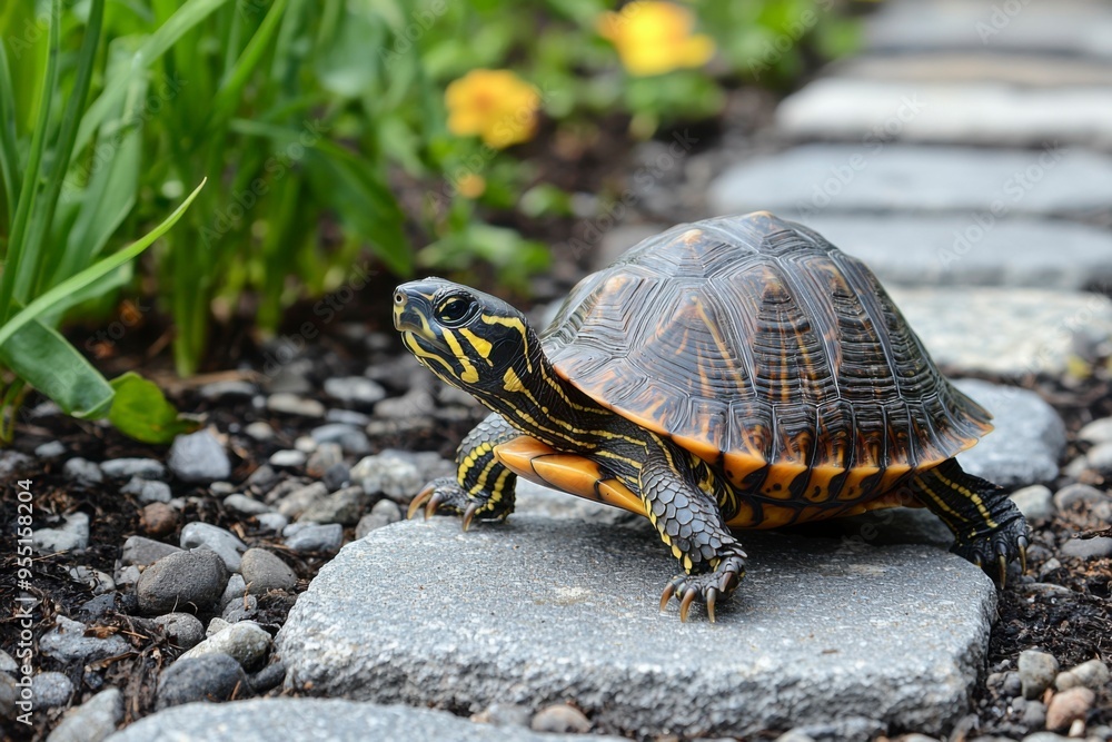 A Painted Turtle on a Stone Pathway A Painted Turtle on a Stone Pathway