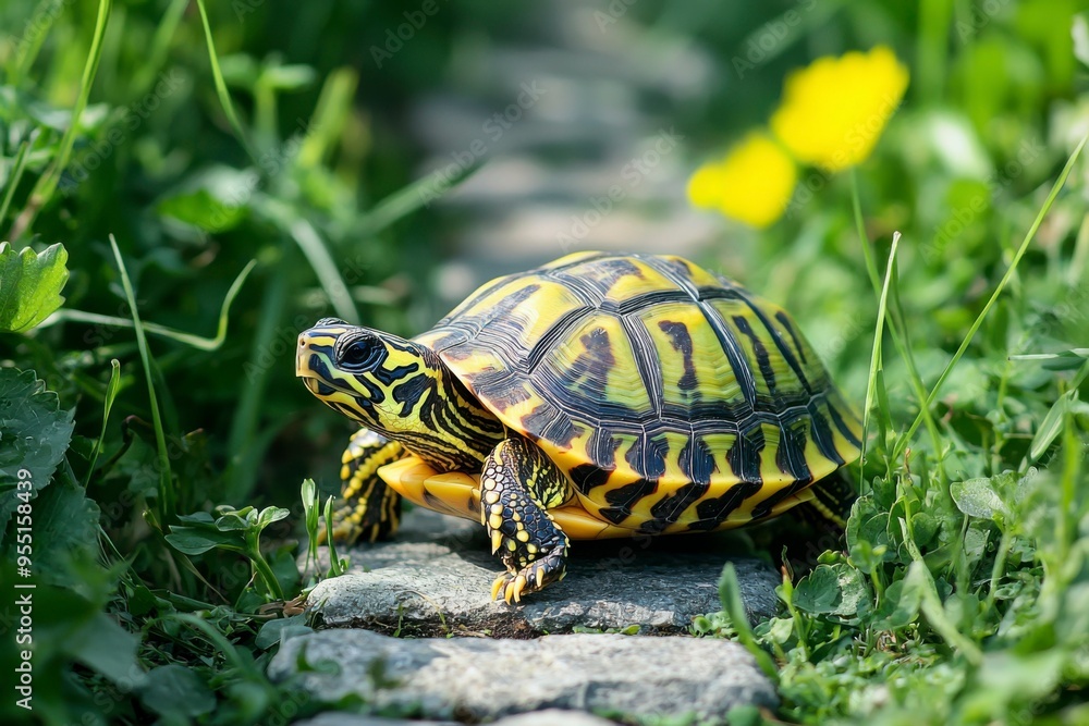 Yellow-bellied Slider Turtle on a Stone Path in Lush Green Grass Yellow-bellied Slider Turtle on a Stone Path in Lush Green Grass