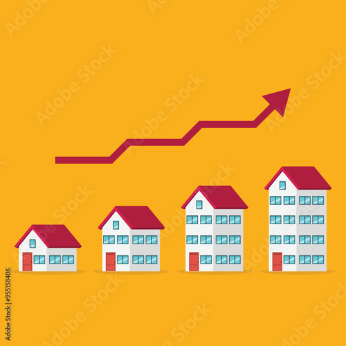 Housing prices rise up. The concept of growth in demand for real estate. Increase in the value of property, vector illustration	