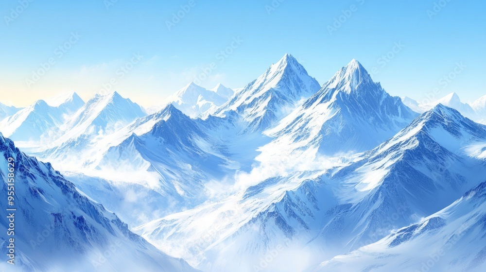 Fototapeta premium Snow-capped mountains under a clear blue sky, winter weather, cold and majestic