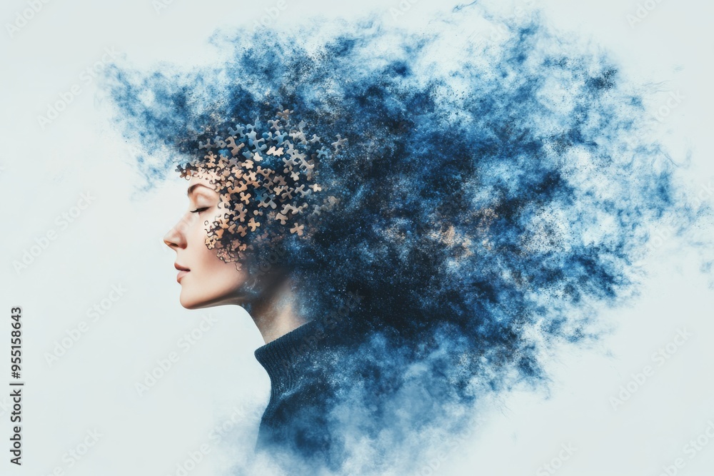 Neurocognition Intelligence Side profile of a woman with a cloud like brain symbolizing the ethereal and imaginative nature of thoughts and creativity Neurocognition Intelligence Side profile of a woman with a cloud like brain symbolizing the ethereal and imaginative nature of thoughts and creativity