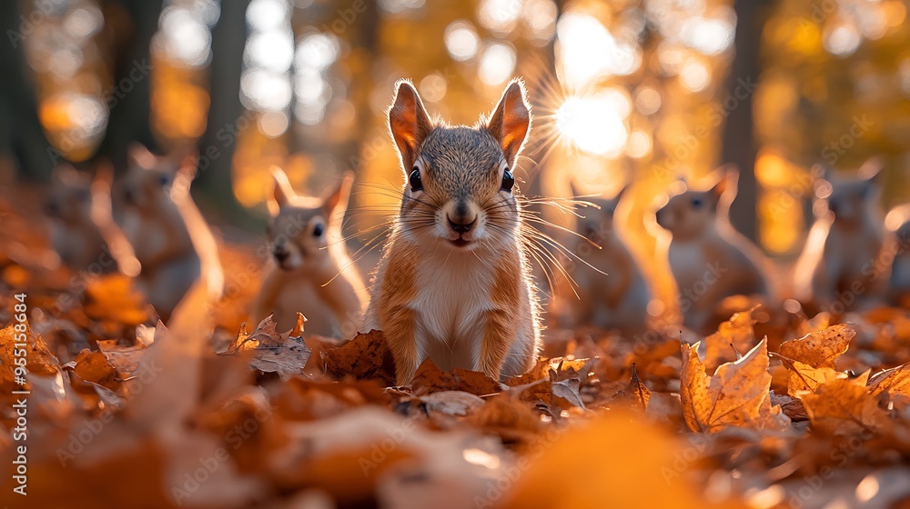 A group of woodland animals, including squirrels and deer, exploring an autumn forest covered in colorful leaves. The soft light of the early morning enhances the warm, A group of woodland animals, including squirrels and deer, exploring an autumn forest covered in colorful leaves. The soft light of the early morning enhances the warm,