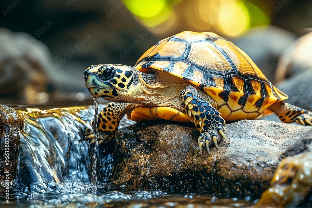 Obraz premium Yellow-bellied Turtle Drinking From a Stream