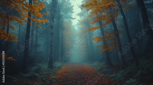 A misty forest scene on a foggy morning, with towering trees and leaves turning from green to warm autumnal hues. The fog softens the light, creating a quiet and introspective mood, hd quality, photo