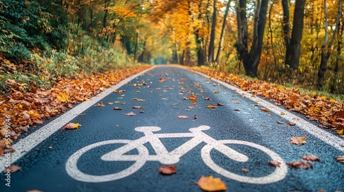 White bicycle symbol on asphalt road, autumn leaves scattered on bike lane
