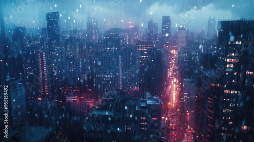 Sudden downpour soaking an urban landscape, wet weather, city in the rain