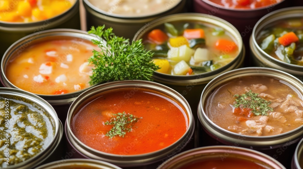 Assortment of Canned Soups with Parsley Garnish Assortment of Canned Soups with Parsley Garnish